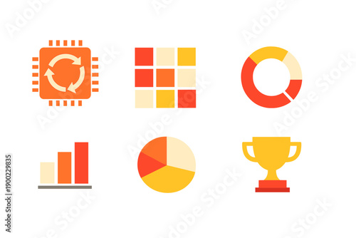 Various colorful icons representing data analysis, performance metrics, and achievements on a white background in a simple design