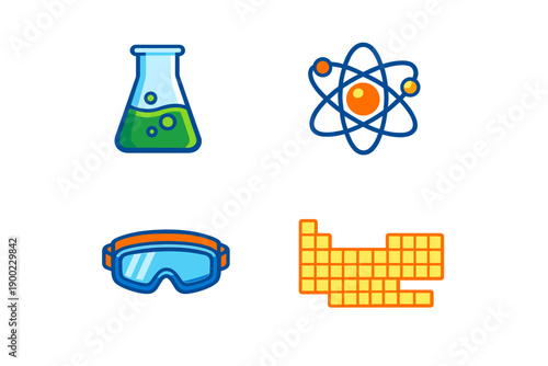 Lab equipment includes a flask, atom, safety goggles, and a periodic table set against a white background in a simple design style