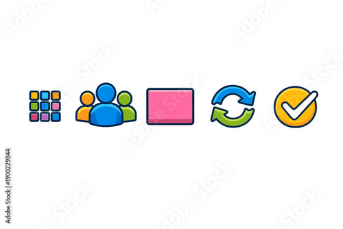 Icons showing different activities such as grouping, updating, and checking in a simple layout