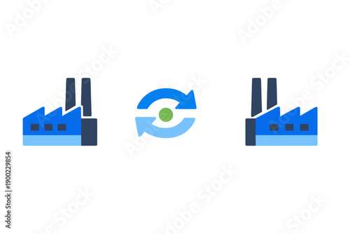 Factory icons show production cycle connection for industry and manufacturing in a digital style with blue colors