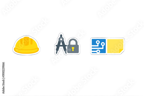 Hard hat and tools are displayed next to a padlock and digital design elements on a plain background in a workspace setting