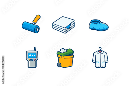 Different tools and items used for cleaning and organizing tasks on a plain background with no distractions