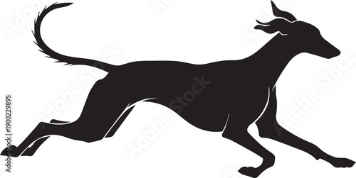 A sleek black silhouette of a greyhound in full running stride