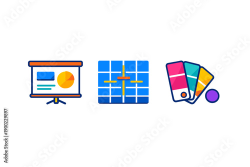 Graphic elements showing business presentation slide, color palette selection, and grid system layout for design work in a creative studio setting