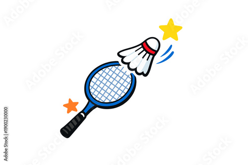 Shuttlecock flying off a badminton racket during a match in a gym at noon with players preparing for the next serve