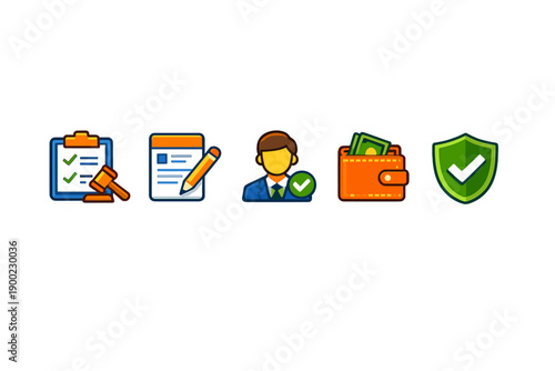 Icons of legal and financial processes for business and personal tasks in clear, simple design showing tools and symbols in a straight line for easy understanding by all viewers
