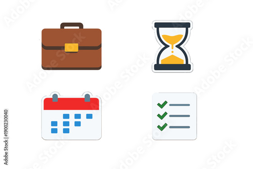 Various symbols representing work, time management, and organization in an office setting during a typical workday