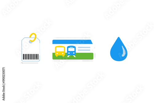 Symbols for transportation, ticketing, and water usage displayed on a clean background for easy understanding of services