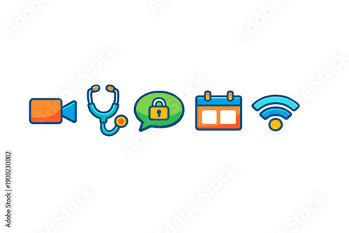Various icons representing telehealth, medical, communication, scheduling, and connectivity activities during modern healthcare practices
