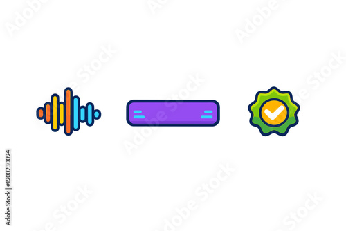 Sound wave and check mark icons with a horizontal bar in between represent audio style and quality assurance in digital design