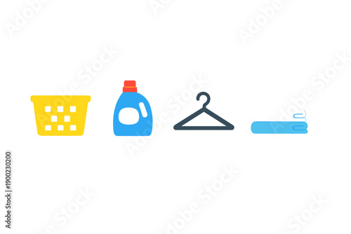 Items used for laundry activities in a home setting with containers, detergent, hanger, and towels shown clearly on a white background
