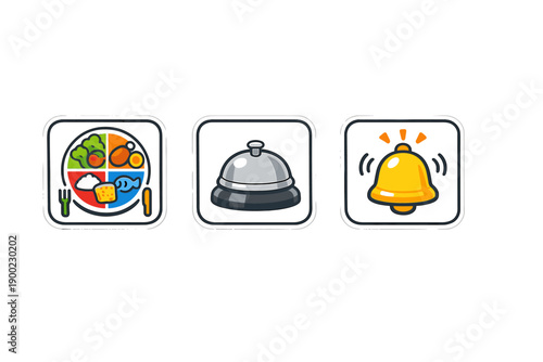 Different food icons showing a meal plate, serving dish, and a bell notice for food service in a simple design