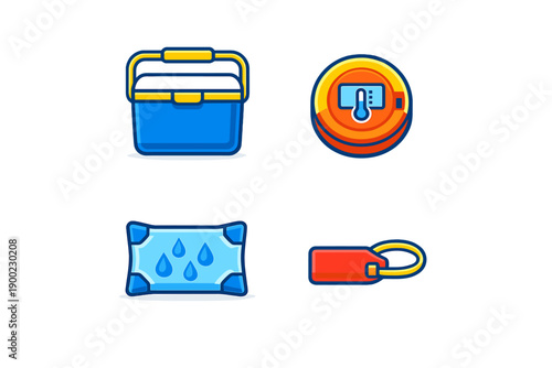 Items used for outdoor activities such as camping, fishing, or picnicking are shown in the image with a cooler, a water bottle, a drying cloth, and a travel tag