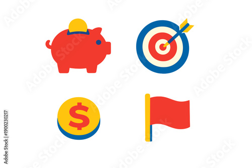 Icons showing a piggy bank, a bullseye target, a dollar coin, and a flag, representing finance goals and success in a simple design