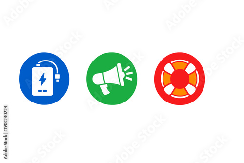 Icons for battery, megaphone, and lifebuoy representing energy, communication, and safety in a simple graphic design