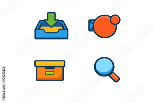 Icons representing different functions like file download, notification, storage box, and search feature for software applications used on various devices
