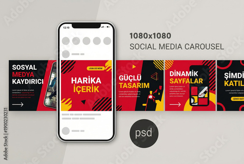 Professional Red and Black Social Media Carousel Template Mockup with Smartphone Display