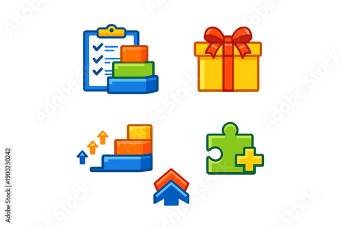 Colorful icons showing a checklist, a gift box, ascending blocks, and a puzzle piece for use in graphic design or presentations
