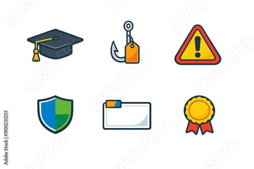 Icons represent various concepts such as education, warning, security, and achievement commonly used in digital designs and graphics