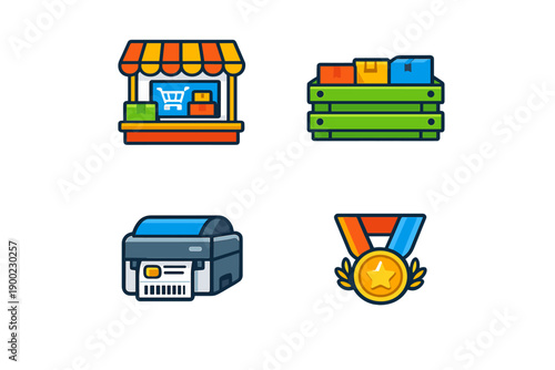 Simple icons show a market stall with products, stacked boxes, a printer, and a medal, representing business, delivery, and achievements in various settings