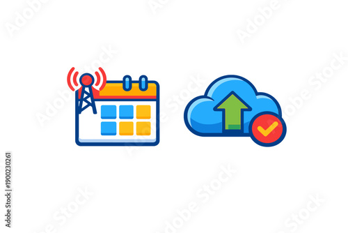 Calendar and cloud symbols show planning and data upload for technology use and communication in a digital environment during the day
