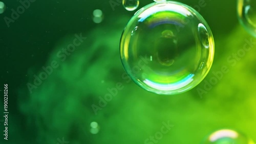 Wallpaper Mural Translucent bubbles gently float and rise against a vibrant, gradient green background. A main bubble shimmers with iridescent reflections, complemented by smaller, soft-focus spheres creating a dream Torontodigital.ca