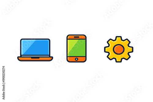 Three digital devices show laptop, smartphone, and gear. Modern tools for work and communication are displayed together, highlighting technology's role in daily life and tasks