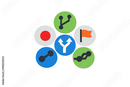Different colored circles with symbols showing connections and directions on a simple white background