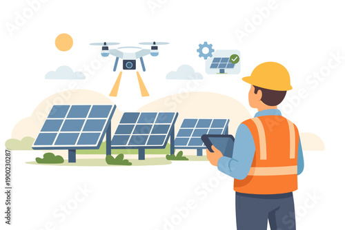 Worker monitors solar panels with drone technology during a sunny day in a renewable energy field