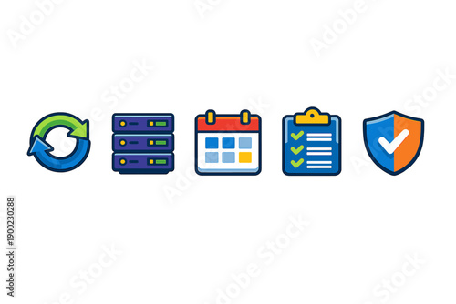 Icons representing data management, scheduling, and security in a digital environment, showcasing a cycle, servers, calendar, checklist, and shield