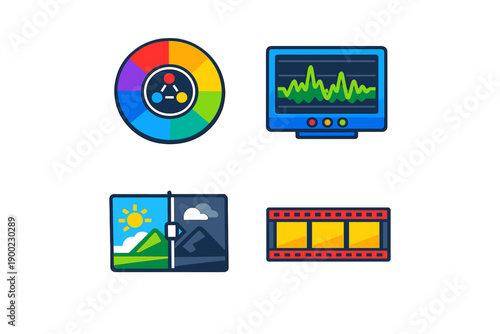 Color wheel, monitor, images, and film frame in a digital art setup with tools for design and editing displayed on a clean surface during daytime