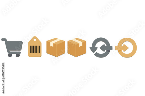 Shopping cart, barcode, package, return symbol showing logistics steps in a shopping process from selection to return