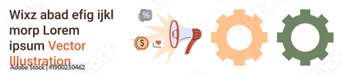 Digital marketing, business growth, innovation, teamwork, communication, financial strategies. Megaphone with icons and two interlocking gears. Digital marketing and business growth theme
