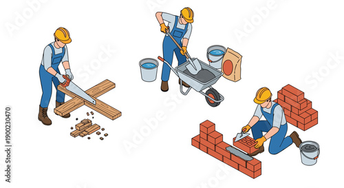 Professional construction workers diligently sawing wood, mixing cement, and laying bricks for building development.