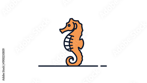 A cartoon seahorse icon, orange body and black outline, standing, white background