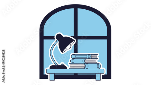 Illustration of a desk with books and a lamp set in front of a window