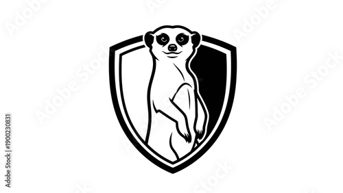 Photos A stylized meerkat graphic in a shield shape, black and white, simple, minimalis