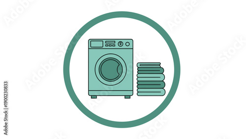 Simple illustration of a washing machine and folded towels inside a circular frame