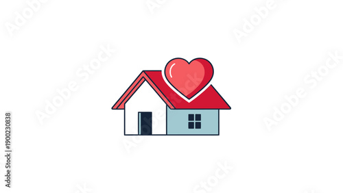 A cartoon house with a heart on top, in shades of red, white, and blue, against a white backdrop