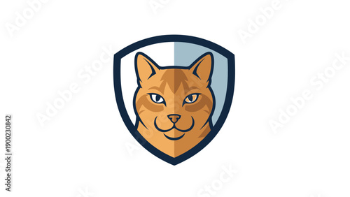 A stylized cat's head within a shield, colored in orange, blues, and black