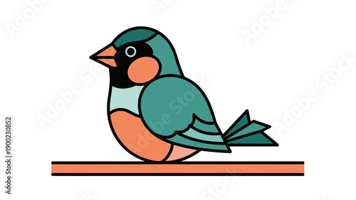 A stylized illustration of a bird, composed of geometric shapes. It is perched on a bar