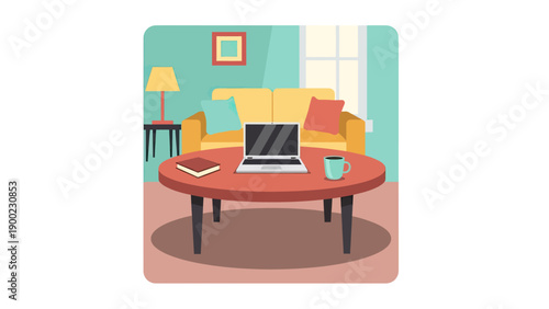 Flat illustration of a living room with a couch, table, laptop, and window