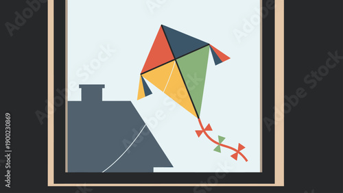 Geometric kite graphic flies past a silhouetted house, framed in black, beige and dark background