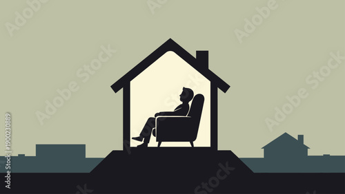 A stylized silhouette depicts a person relaxing in a chair within a house shape