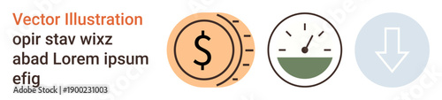 Financial analysis, economy, money trends, economic indicators, performance tracking, data . Icons of a dollar coin stack, speedometer and downward arrow. Financial analysis and economy concept