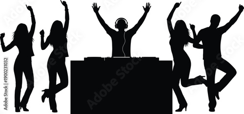 Silhouette DJ and Dancers Party Scene with Music, Dance, Nightlife, Club Vibes, Entertainment, Energy, Fun, Celebration, Crowd, Rhythm