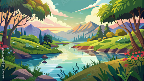 Very beautiful tranquil riverbank landscape with calm water, soft reflections, and lush surroundings, creating a peaceful natural scene that evokes harmony and slow living.