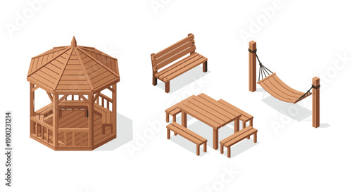 Isometric collection of traditional wooden park furniture including a gazebo, bench, picnic table, and hammock.
