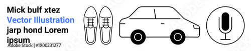 Fashion, transportation, audio equipment, minimalism, visual communication, product design. Black and white outlines of shoes, a car and a microphone. Fashion and transportation concepts