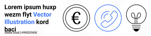 Financial services, communication solutions, innovation, monetary transactions, creativity, business ideas. Euro symbol, phone and light bulb outlined icons. Financial services and communication